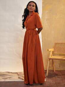 SHEIN Unity Patched Pocket Wrap Knot Side Shirt Dress - Burnt Orange - View 5