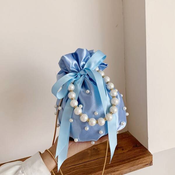 

Faux Pearl Decor Bow Decor Chain Satchel Bag, Blue