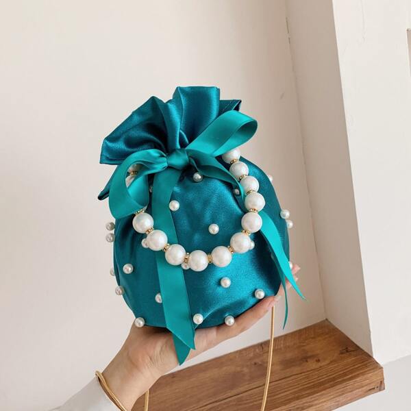 

Faux Pearl Decor Bow Decor Chain Satchel Bag, Blue