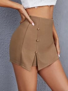 Firerie Solid Button Detail Split Hem Skort - Camel - View 3