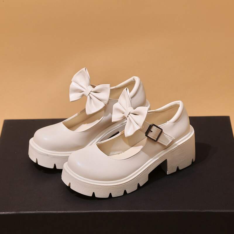 

Bow Decor Flatform Mary Janes, Beige