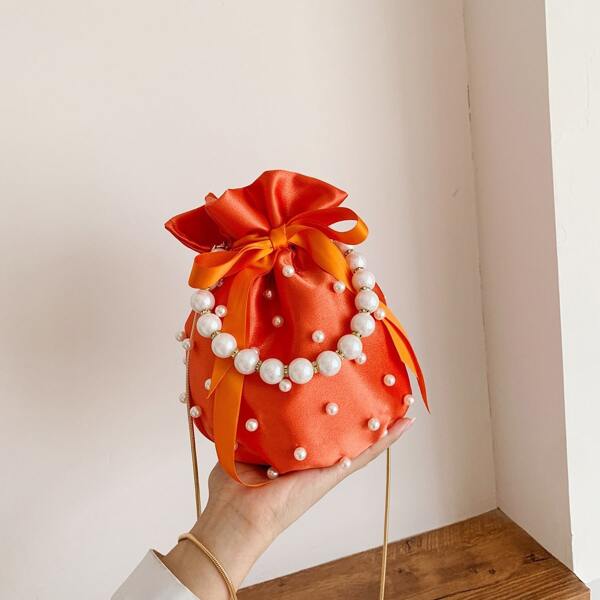 

Faux Pearls Decor Bucket Bag, Orange