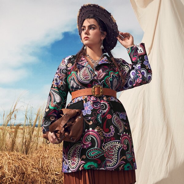 

Plus Paisley Print Button Front Coat Without Belt, Multicolor
