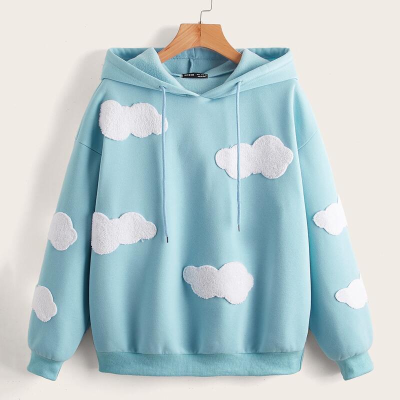 

Clouds Pattern Drop Shoulder Drawstring Thermal Hoodie, Mint blue