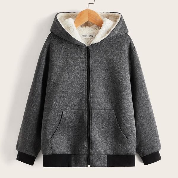 

Boys Zip Up Drop Shoulder Teddy Lined Hoodie, Dark grey