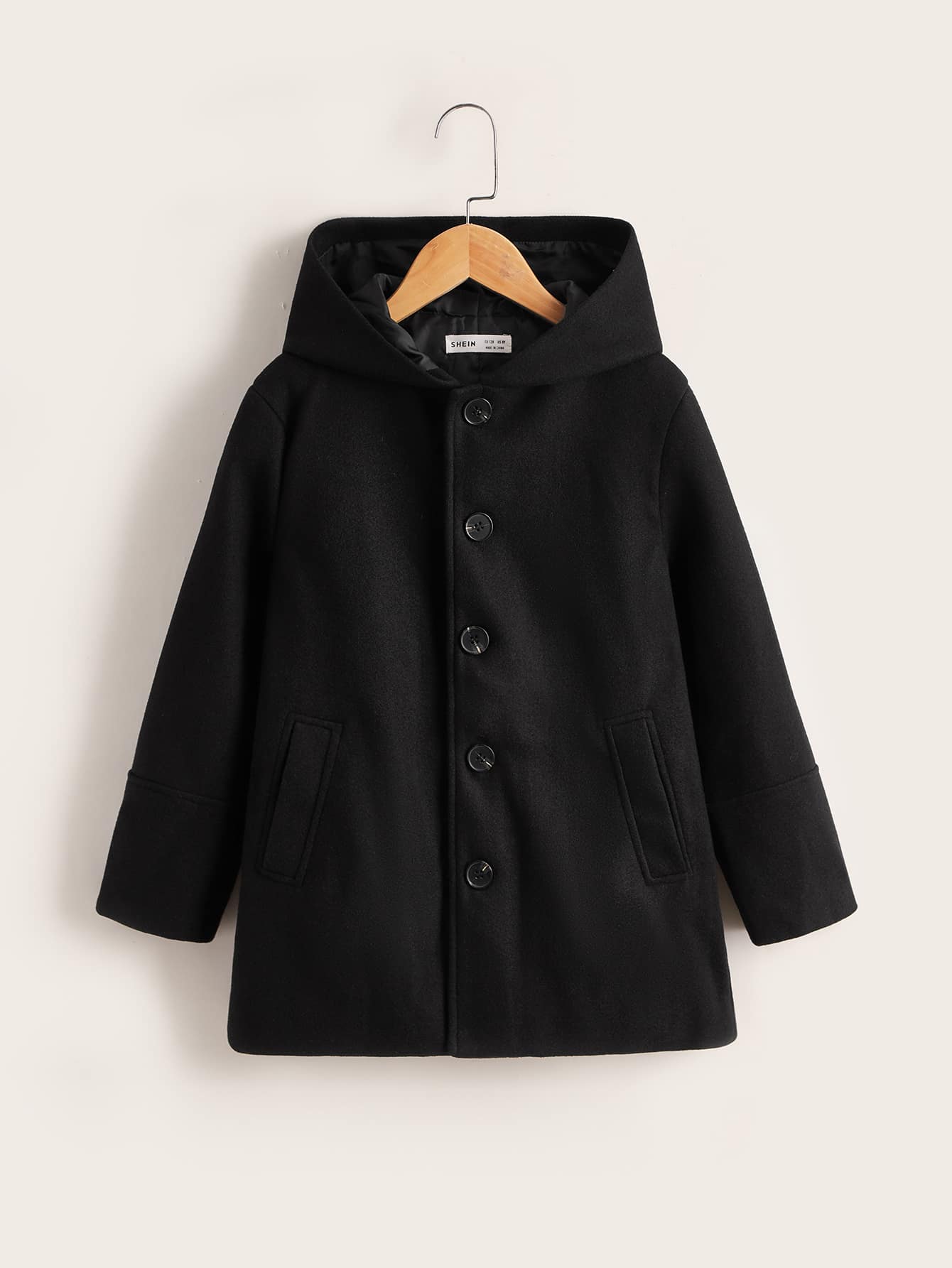 SHEIN Áo bành tô cho bé trai Túi Nút phía trước màu trơn Giải trí - màu đen - Xem 1