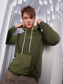 Manfinity RebelGame 男士字母刺繡抽繩連帽衫 - 軍綠色 - 查看 1