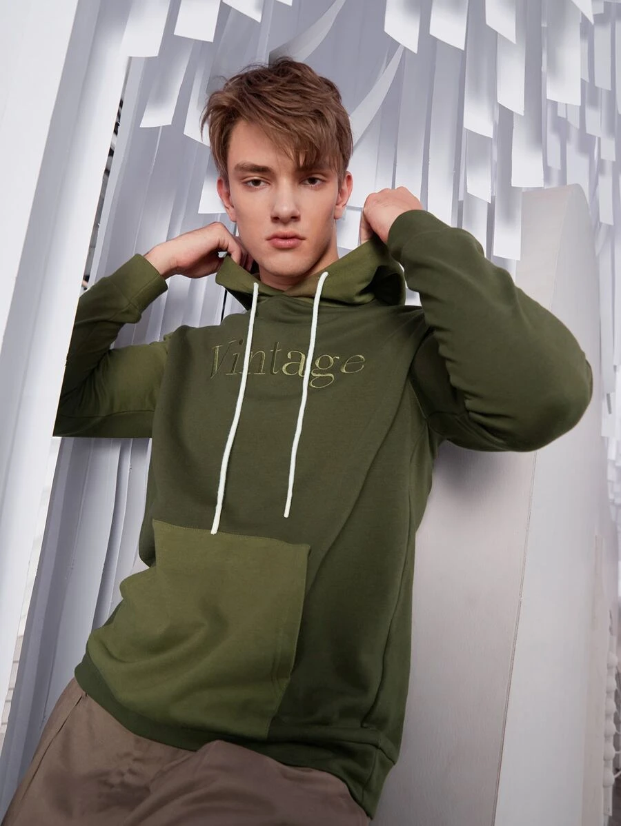 Manfinity RebelGame 男士字母刺繡抽繩連帽衫 - 軍綠色 - 查看 1