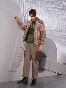 Manfinity RebelGame 男士字母刺繡抽繩連帽衫 - 軍綠色 - 查看 3