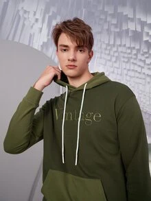 Manfinity RebelGame 男士字母刺繡抽繩連帽衫 - 軍綠色 - 查看 8