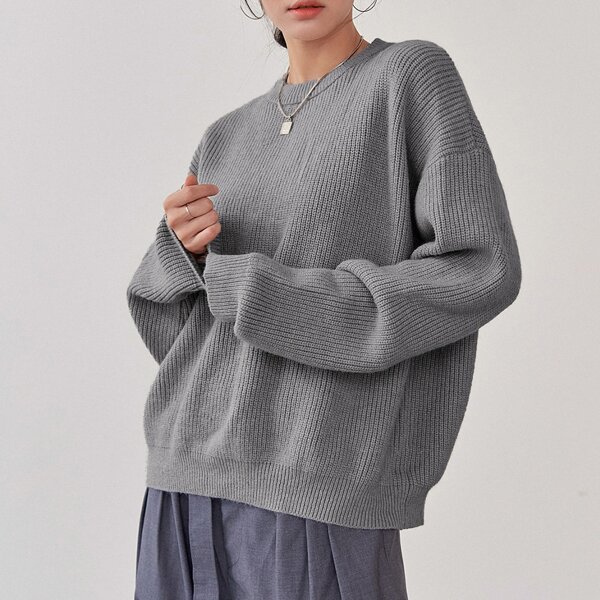 

Ribbed Knit Drop Shoulder Sweater, Grey