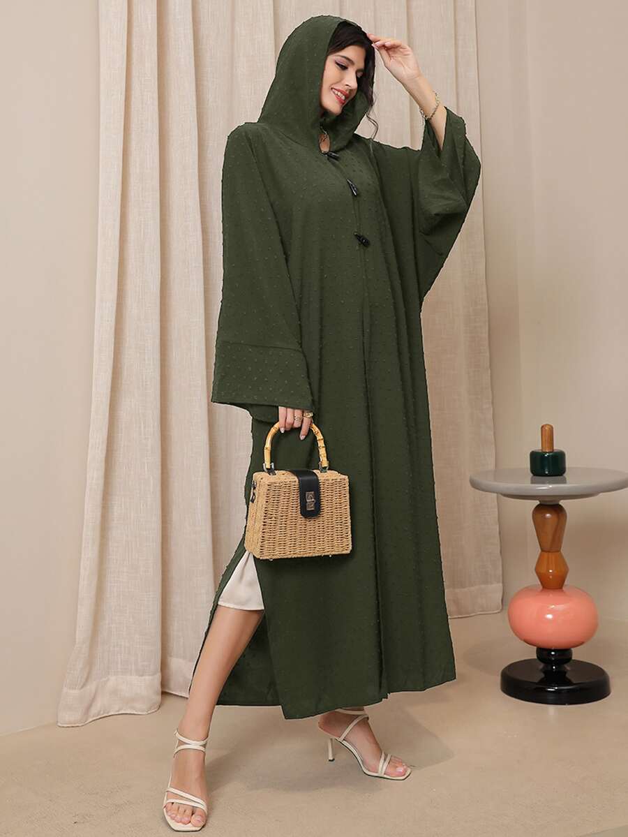 Al Najma Duffle Button Batwing Sleeve Hooded Abaya - Army Green - View 1