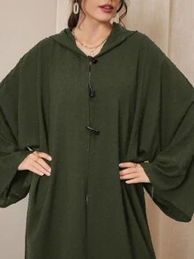 Al Najma Duffle Button Batwing Sleeve Hooded Abaya - Army Green - View 5