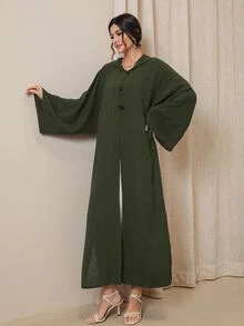 Al Najma Duffle Button Batwing Sleeve Hooded Abaya - Army Green - View 7