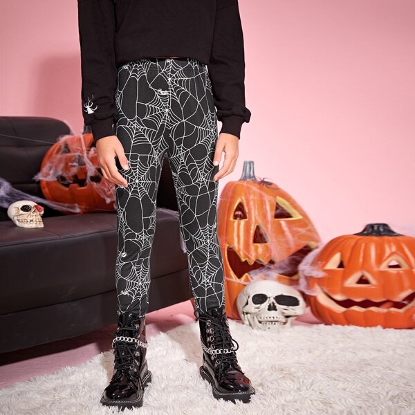 

Girls Spider Web Print Halloween Costume Leggings, Black