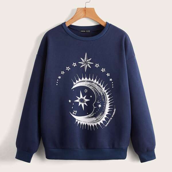 

Moon & Star Print Drop Shoulder Sweatshirt, Navy blue