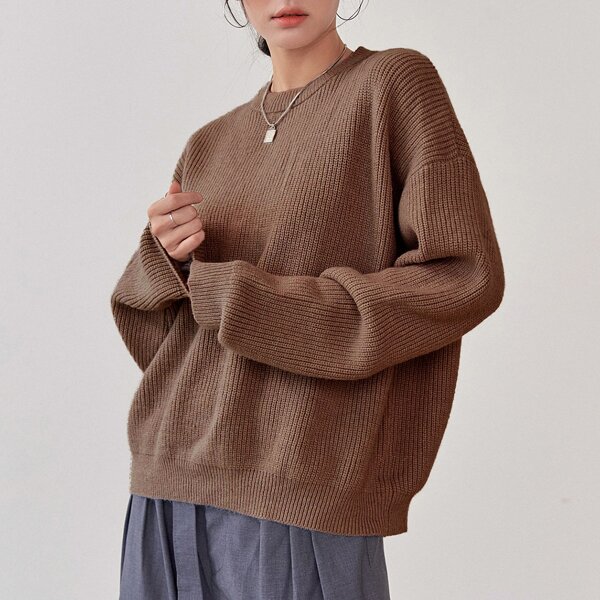 

Ribbed Knit Drop Shoulder Sweater, Coffee brown