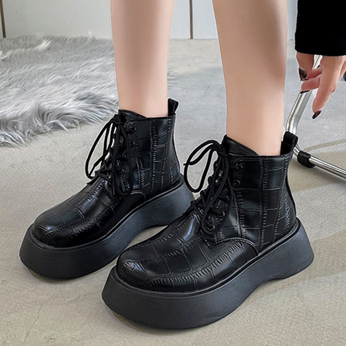 

Croc Embossed Lace Up Front Boots, Black