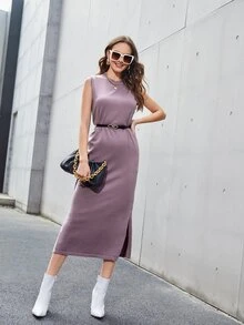 Mulvari 無袖下擺開叉不附腰帶毛衣裙 - 淡紫色 - 查看 2