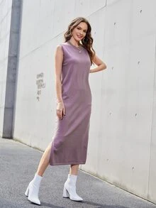 Mulvari 無袖下擺開叉不附腰帶毛衣裙 - 淡紫色 - 查看 4