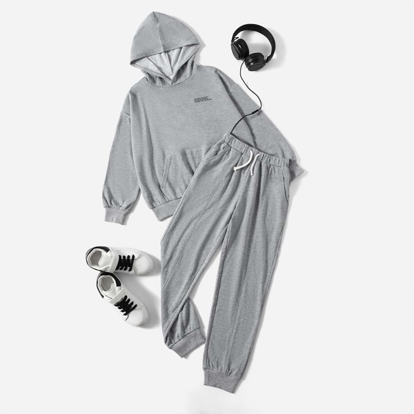 

Boys Slogan Graphic Drop Shoulder Hoodie & Sweatpants, Light grey