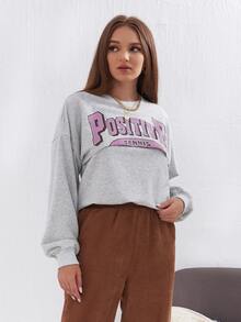 SHEIN Pullover con estampado de letra de hombros caídos - Gris Claro - Ver 5