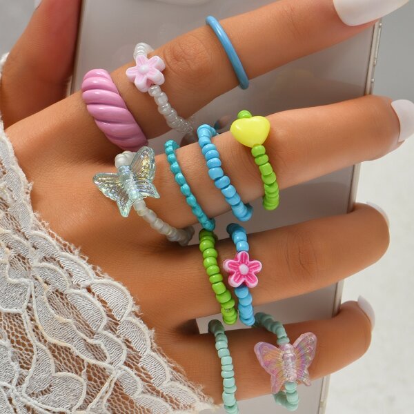

11pcs Flower & Butterfly Decor Beaded Ring, Multicolor