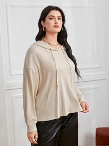 Plus Drop Shoulder Solid Hoodie - Khaki - View 1