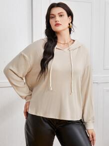 Plus Drop Shoulder Solid Hoodie - Khaki - View 3