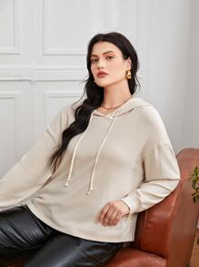 Plus Drop Shoulder Solid Hoodie - Khaki - View 4