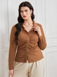 البسة علوية نسائية حجم كبير الثنية بازرارأمامية الصاف كاجوال - بني - مشاهدة 1