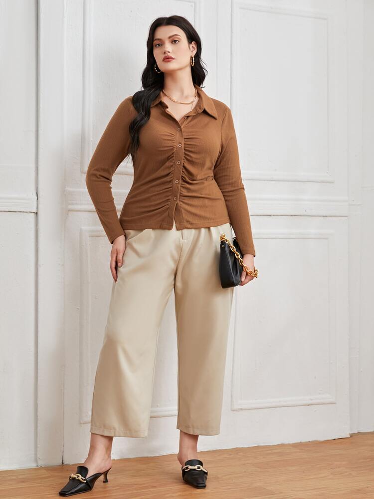 Plus Ruched Ribbed Knit Top - Brown - View 4