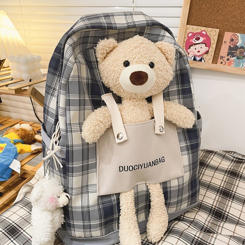 

Bear Decor Plaid Backpack, Black