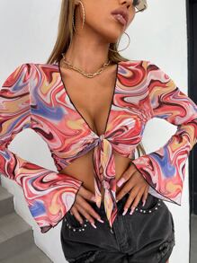 SHEIN Marble Print Tie Front Bell Sleeve Crop Top - Multicolor - View 1