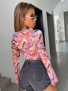 SHEIN Marble Print Tie Front Bell Sleeve Crop Top - Multicolor - View 2