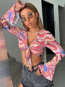 SHEIN Marble Print Tie Front Bell Sleeve Crop Top - Multicolor - View 5