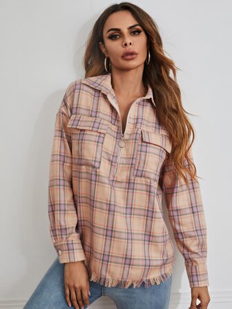SHEIN LUNE Jacke mit Pattentasche, Drop Shoulder, Fransen, O-Ring, halbem Reißverschluss, Plaid Muster