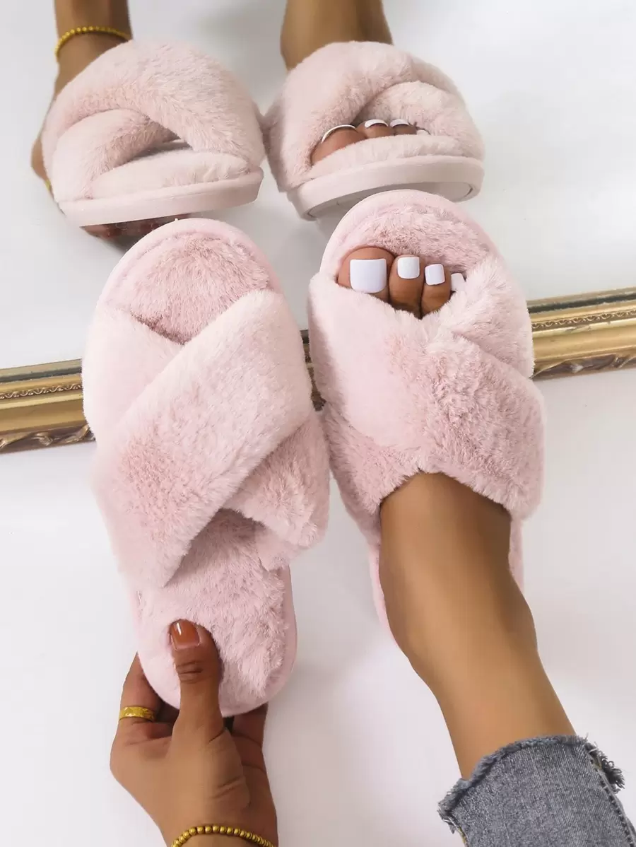 Women's Plush Criss-Cross Strap Slippers, Solid Color, Casual, Lightweight, Non-Slip, Suitable For Bedroom, Spring & Autumn,Furry Shoes