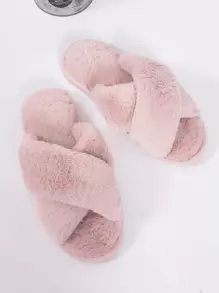 Women's Plush Criss-Cross Strap Slippers, Solid Color, Casual, Lightweight, Non-Slip, Suitable For Bedroom, Spring & Autumn,Furry Shoes - Pink - View 3