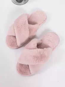 Women's Plush Criss-Cross Strap Slippers, Solid Color, Casual, Lightweight, Non-Slip, Suitable For Bedroom, Spring & Autumn,Furry Shoes - Pink - View 4