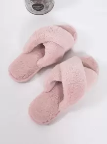 Women's Plush Criss-Cross Strap Slippers, Solid Color, Casual, Lightweight, Non-Slip, Suitable For Bedroom, Spring & Autumn,Furry Shoes - Pink - View 7