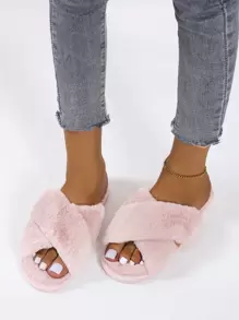 Women's Plush Criss-Cross Strap Slippers, Solid Color, Casual, Lightweight, Non-Slip, Suitable For Bedroom, Spring & Autumn,Furry Shoes - Pink - View 8