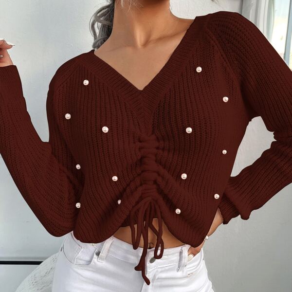 

Drawstring Front Pearls Detail Sweater, Rust brown