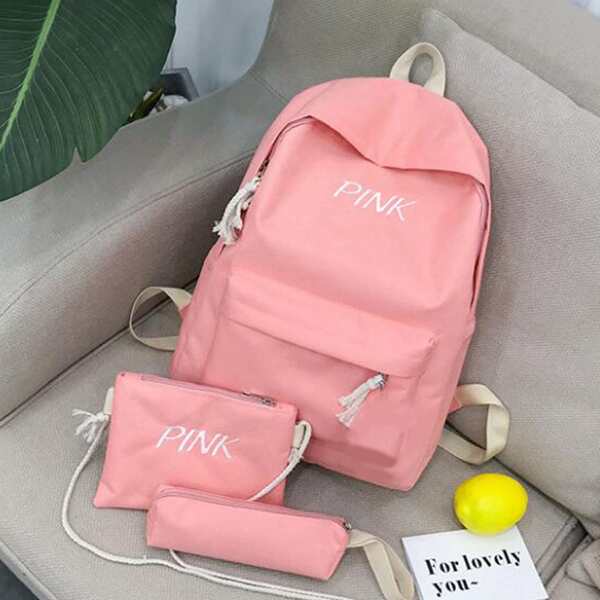 

3Pcs Letter Graphic Pom-Pom Decor Backpack Set, Pink
