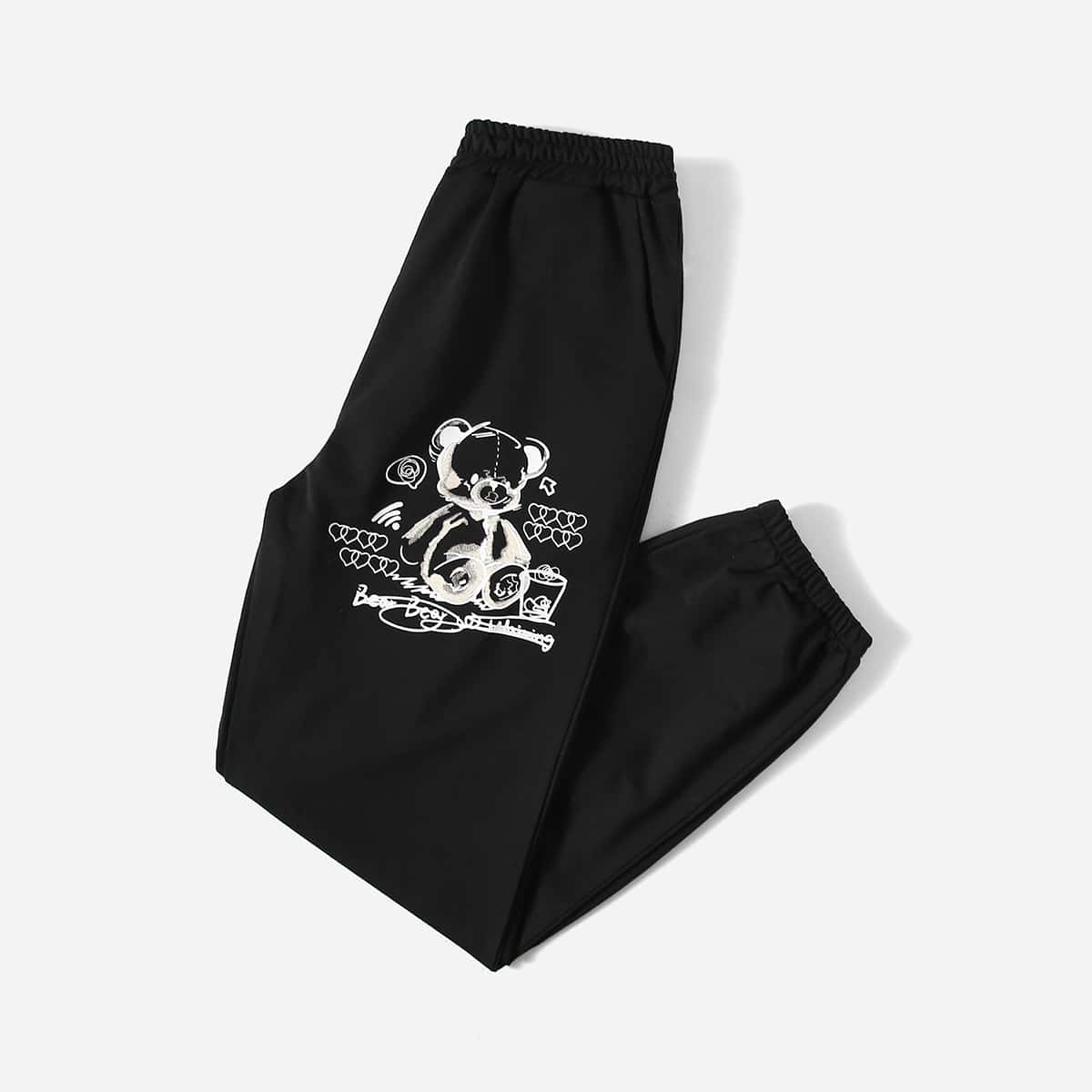 

Letter Cartoon Bear Graphic Sweatpants, Black