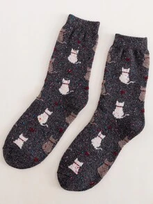 貓印花中筒襪 - 深灰色 - 查看 2