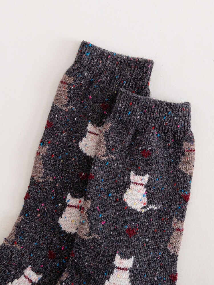Cat Print Crew Socks - Màu xám đen - Xem 3