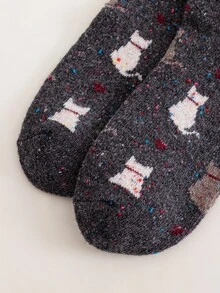 貓印花中筒襪 - 深灰色 - 查看 4