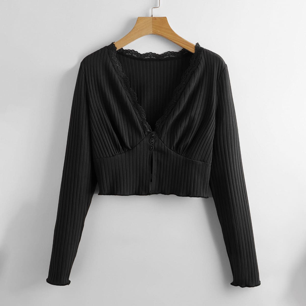 

Contrast Lace Ribbed Button Crop Tee, Black