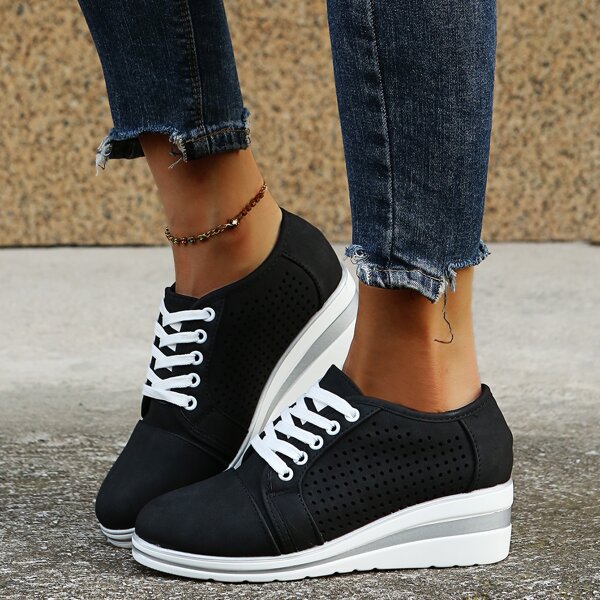 

Minimalist Lace-up Front Wedge Sneakers, Black
